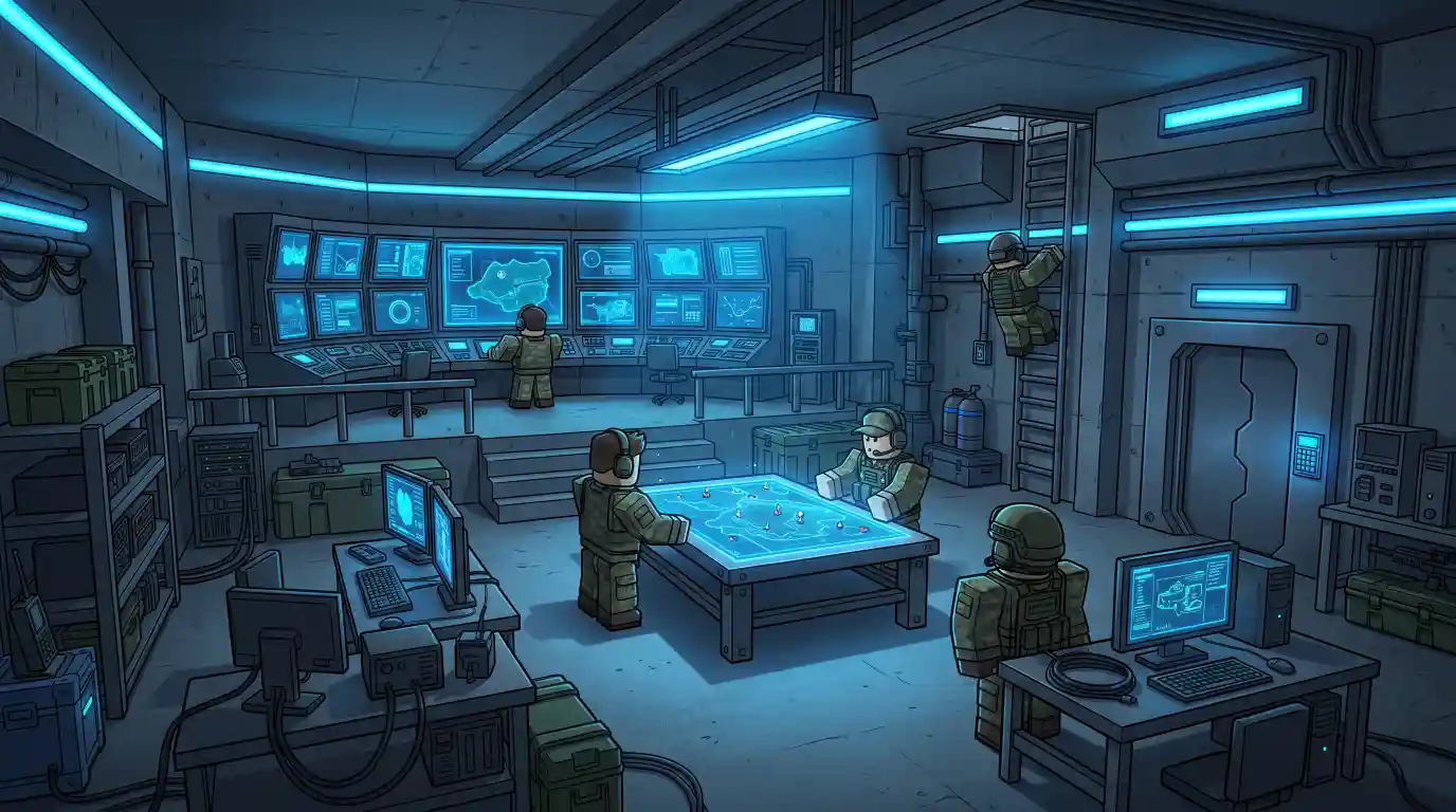 Ondergrondse Agency Bunker interieur met blauwe LED-verlichting - geheime kamer Brookhaven