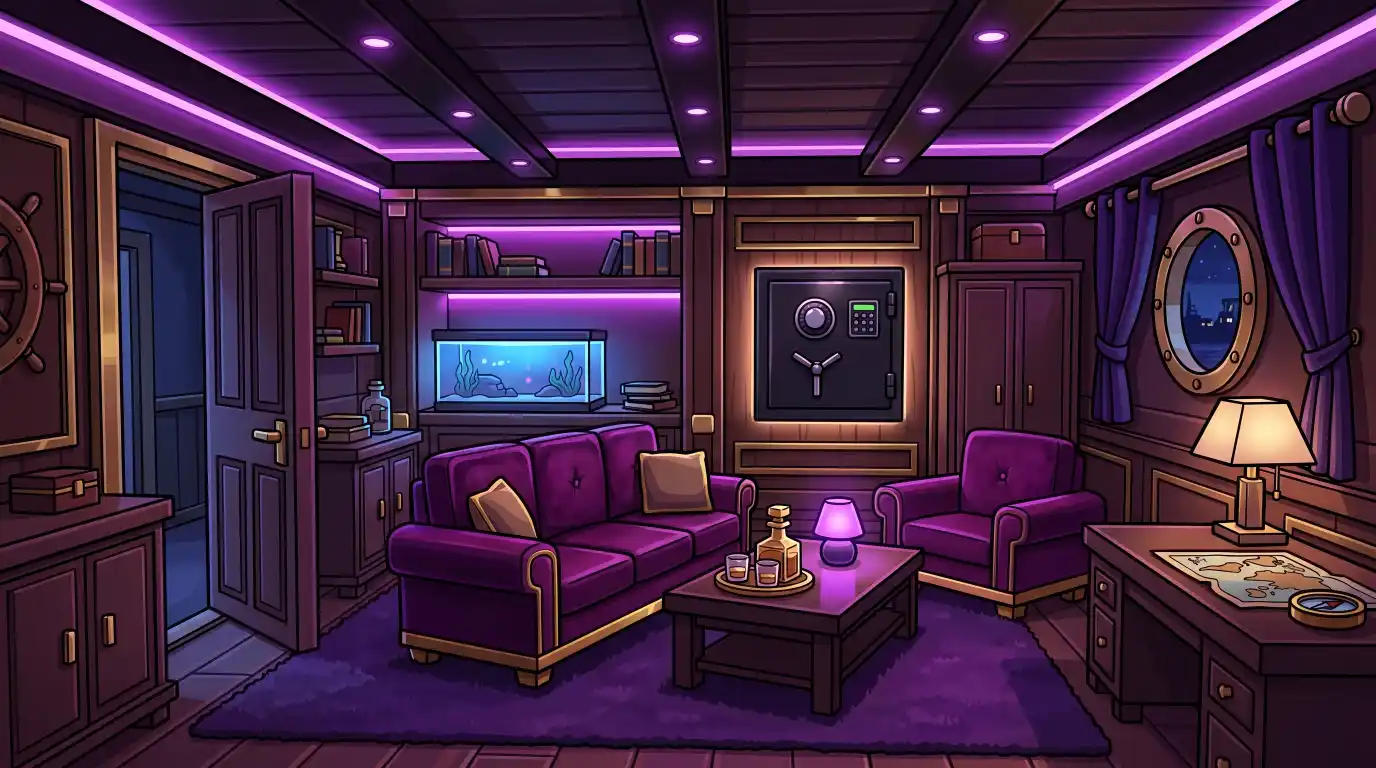 Luxe kajuit met paarse verlichting en safe in muur - Lake Madison yacht geheime ruimte