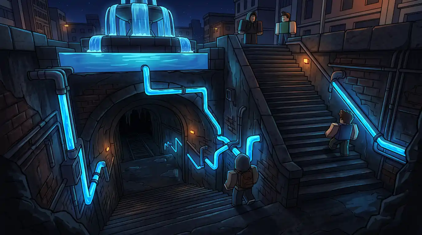Metro-trap onder fontein met blauw water langs buizen - Brookhaven Downtown Subway toegang