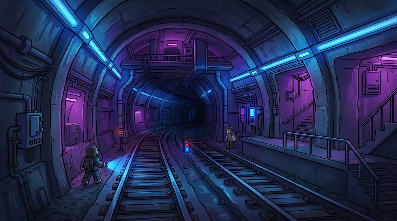 Ondergrondse metro-tunnel met spoorrails en paarse verlichting - Brookhaven Downtown Subway