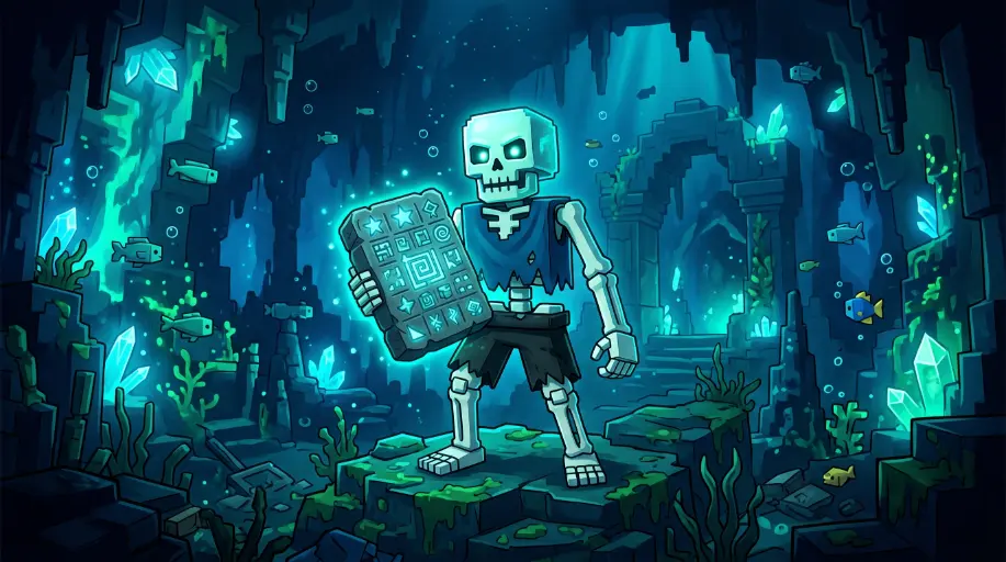 Skeleton karakter met puzzel-tablet in donkere grot - Abyssal Depths NPC Prospecting
