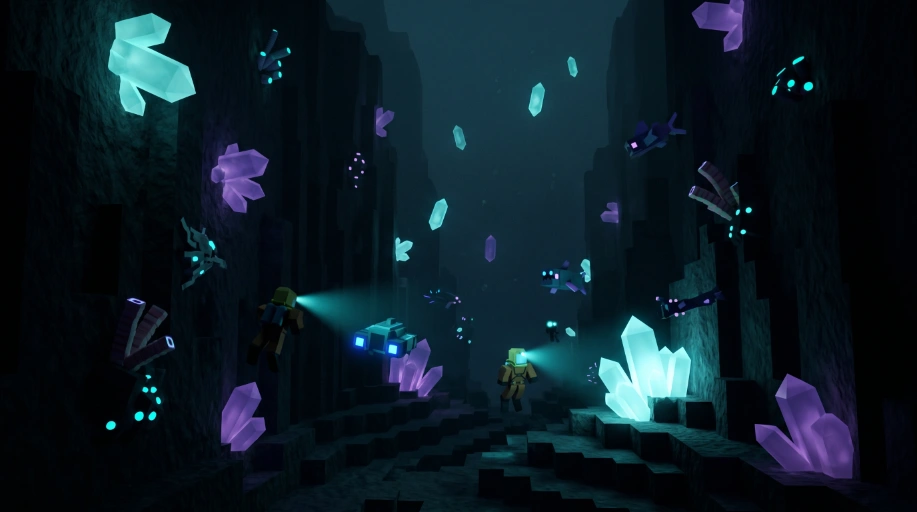 Donkere diepzee zone met zwevende kristallen - Abyssal Depths Prospecting Roblox