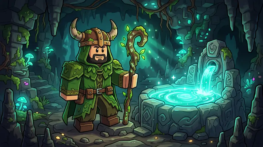 Druid karakter met groene mantel en staf bij magische fontein - Deeproot Spring NPC