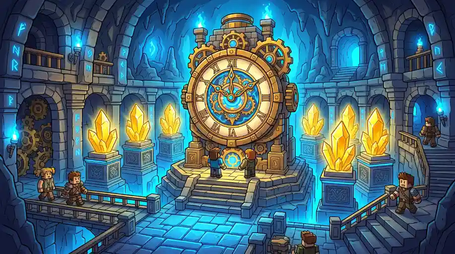 Timelocked Sanctuary met klok en gouden Eternium kristallen - geheim zone Prospecting