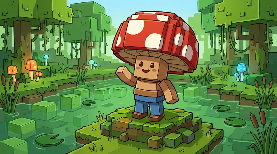 Mushroom Man karakter met paddenstoel-hoed in moeras - Fungal Marsh NPC Prospecting