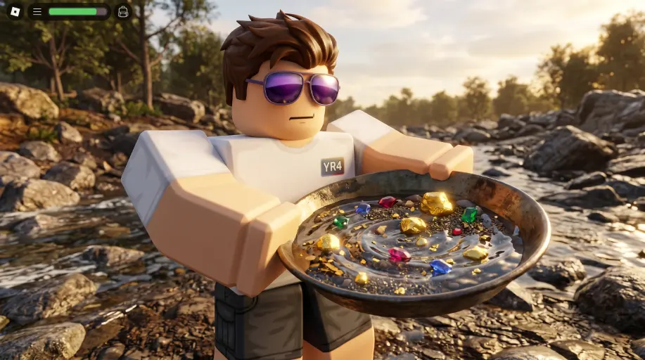 Golden Pan in actie - swirling water met gold nuggets en gems - Roblox Prospecting close-up