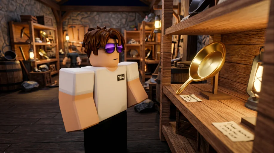 Roblox avatar in Prospecting shop evaluating Golden Pan purchase - shopping decision