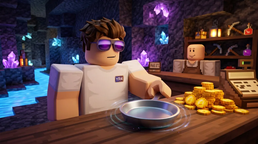 Roblox avatar in Crystal Cavern River met Magnetic Pan en zware gem-drops
