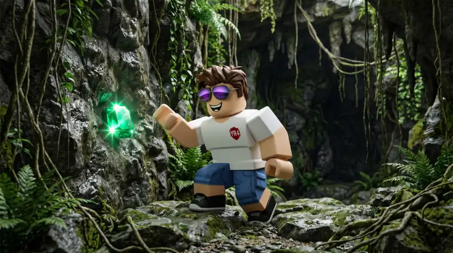Roblox avatar ontdekt sparkling emerald gemstone in Overgrown Grotto cave