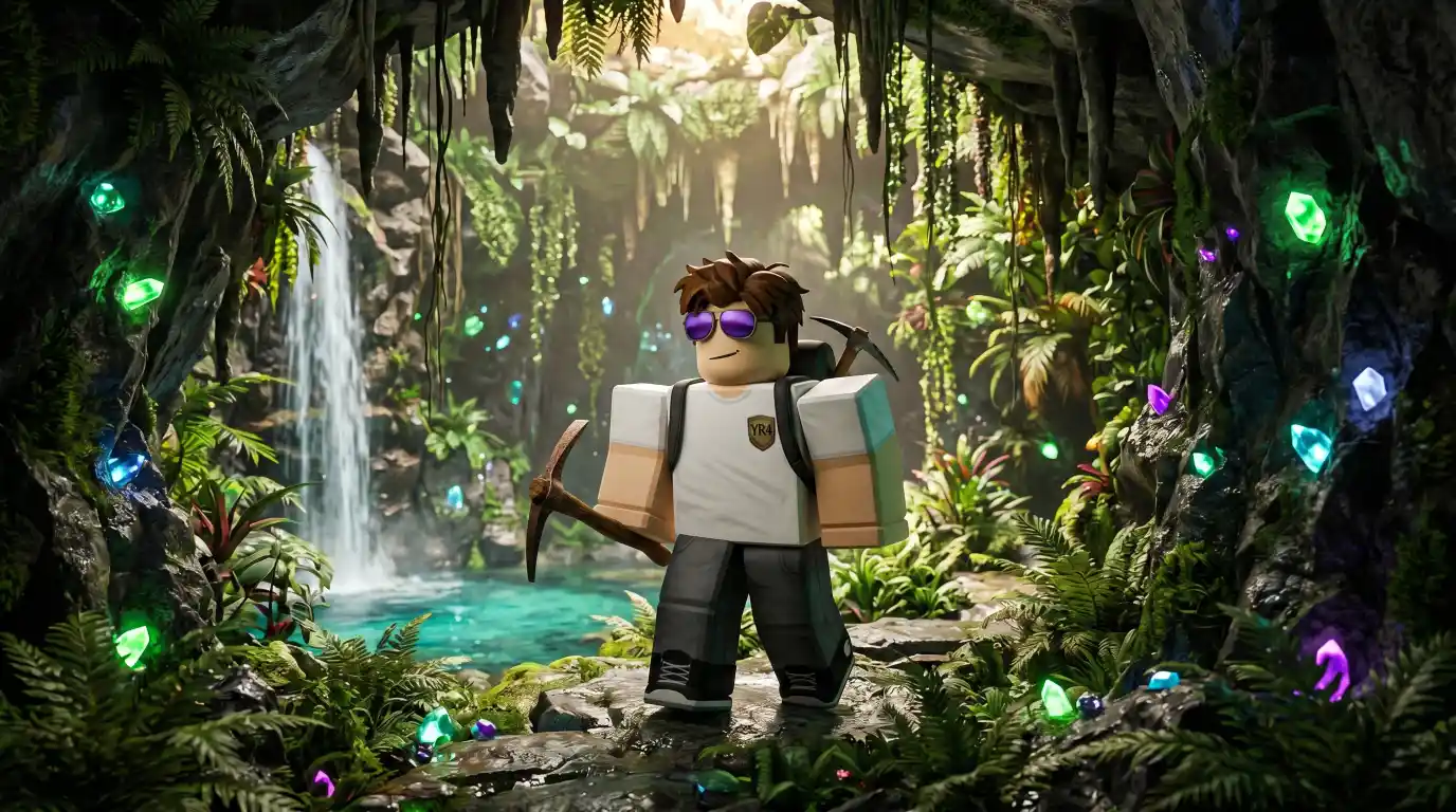 Overgrown Grotto Prospecting - lush jungle cave met vines en hidden gemstones