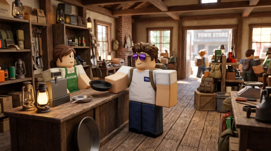 Roblox avatar met Plastic Pan klaar voor upgrade naar Metal Pan - Prospecting progressie