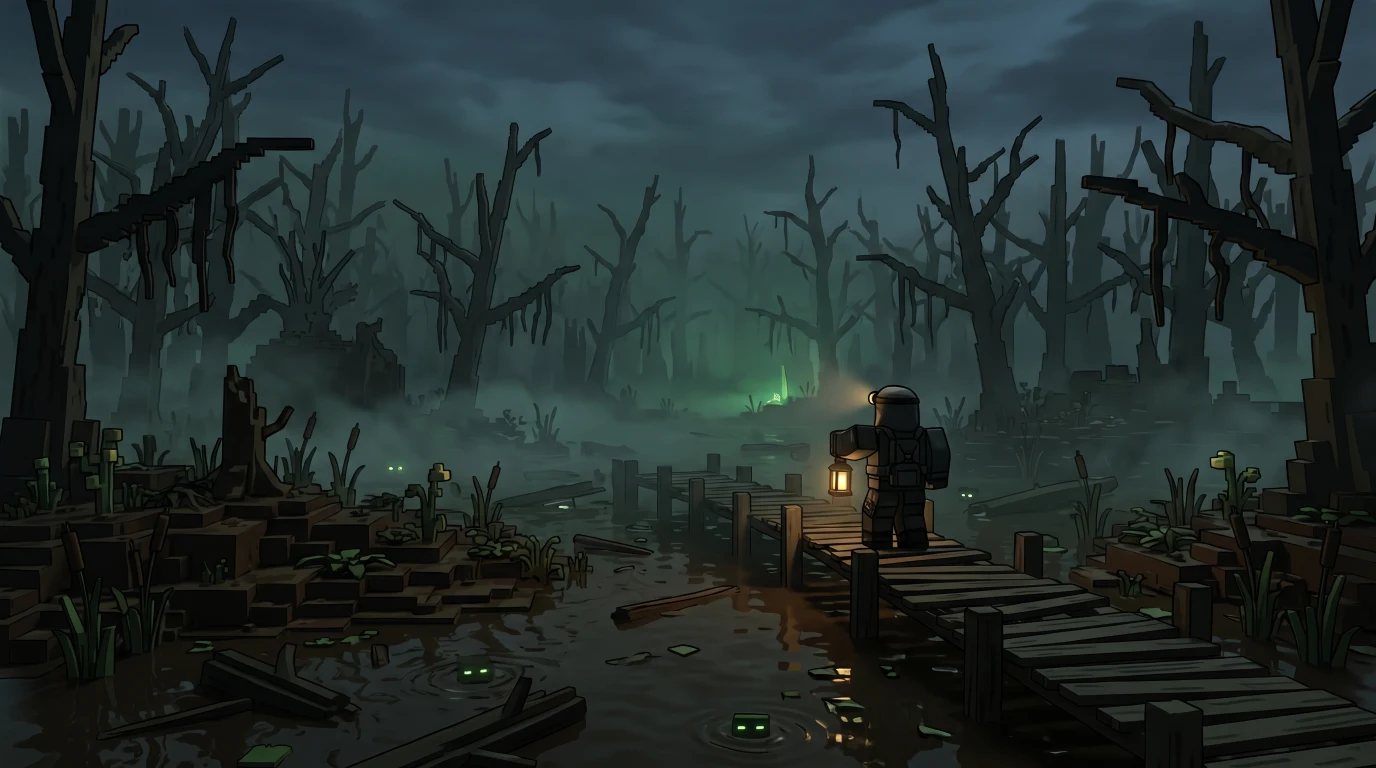 Donker mistig moeras met vervallen bomen - Rotwood Swamp Prospecting Roblox
