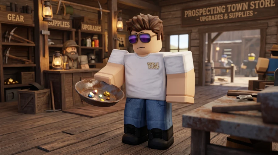 Roblox avatar met Rusty Pan vol minerals klaar voor upgrade naar Plastic Pan