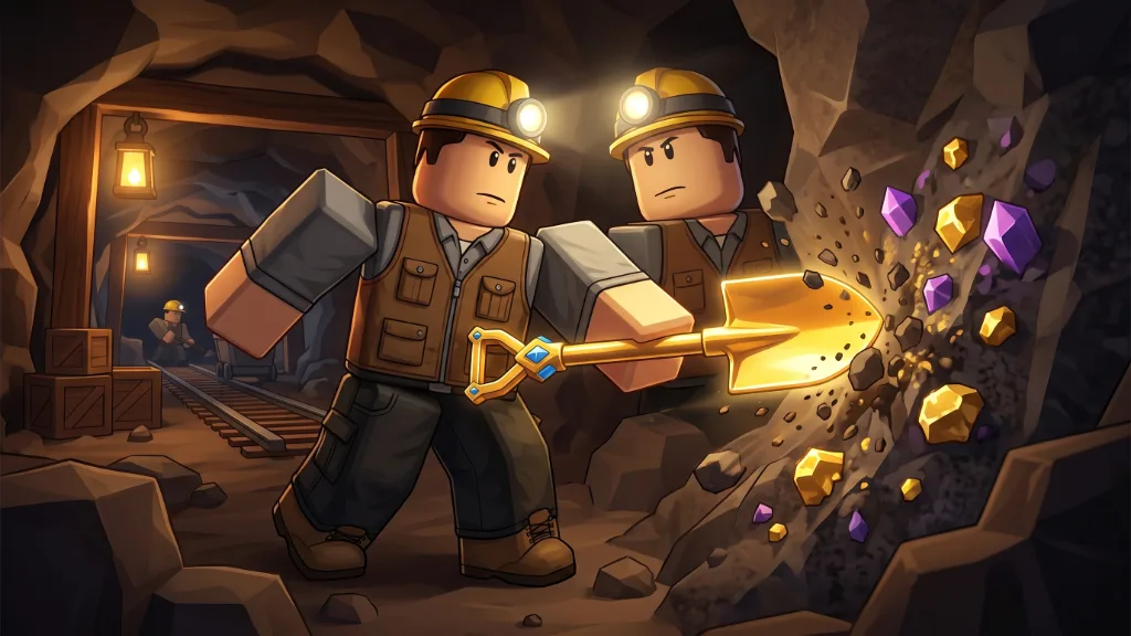 Golden Shovel Prospecting in actie tijdens het graven in Roblox Prospecting