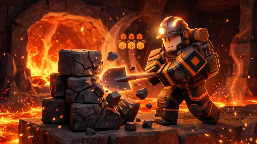 Reinforced Shovel Prospecting in actie tijdens het graven in Roblox Prospecting