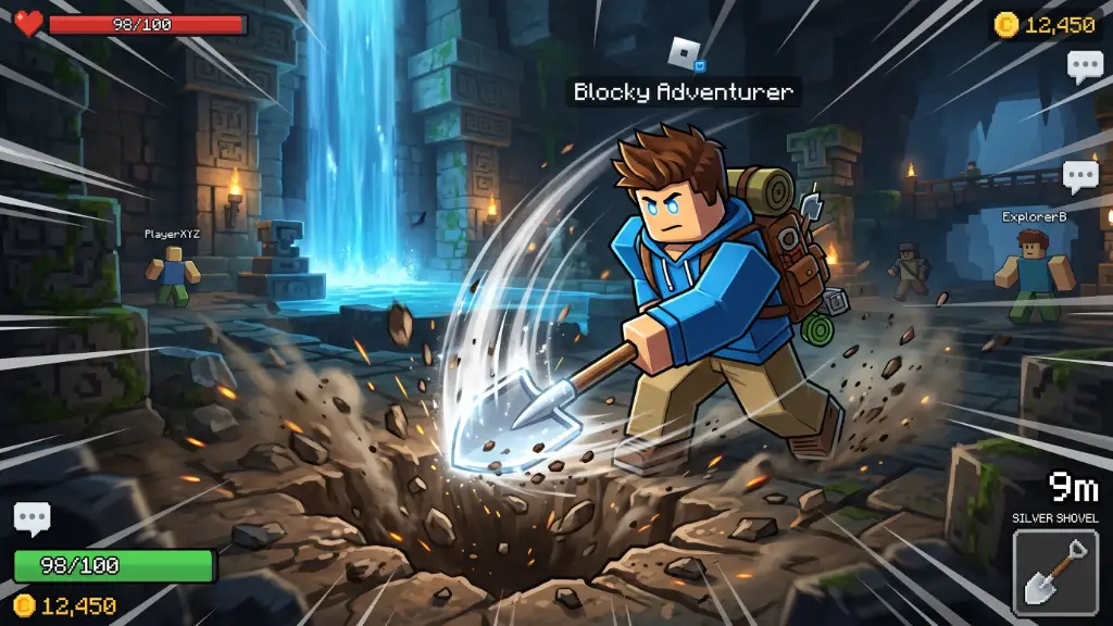 Silver Shovel Prospecting in actie tijdens het graven in Roblox Prospecting