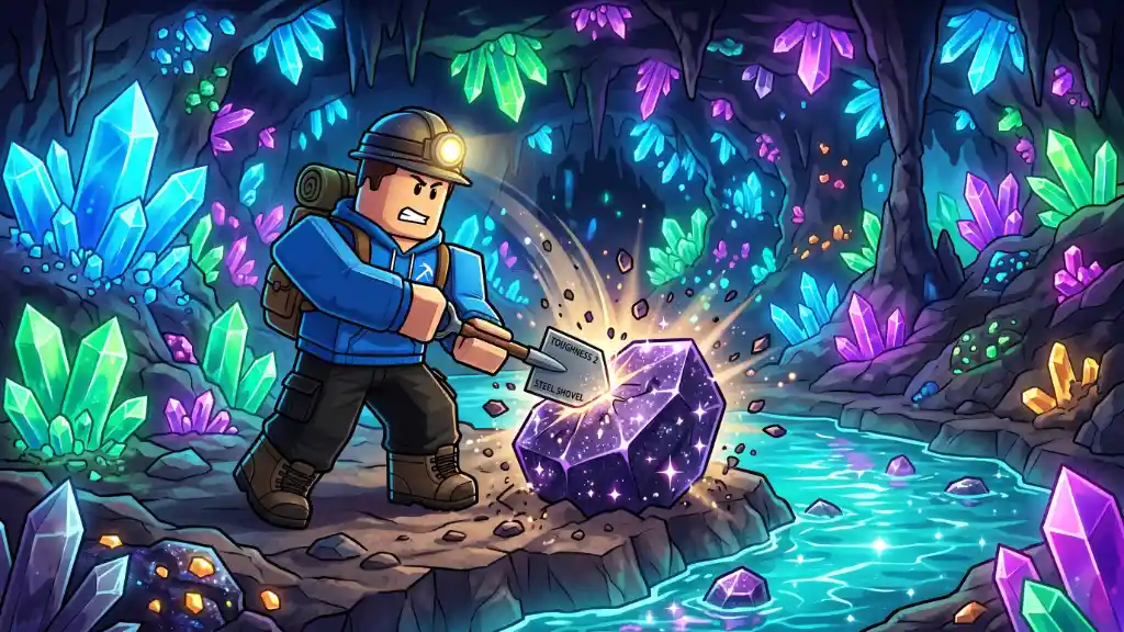 Steel Shovel Prospecting in actie tijdens het graven in Roblox Prospecting