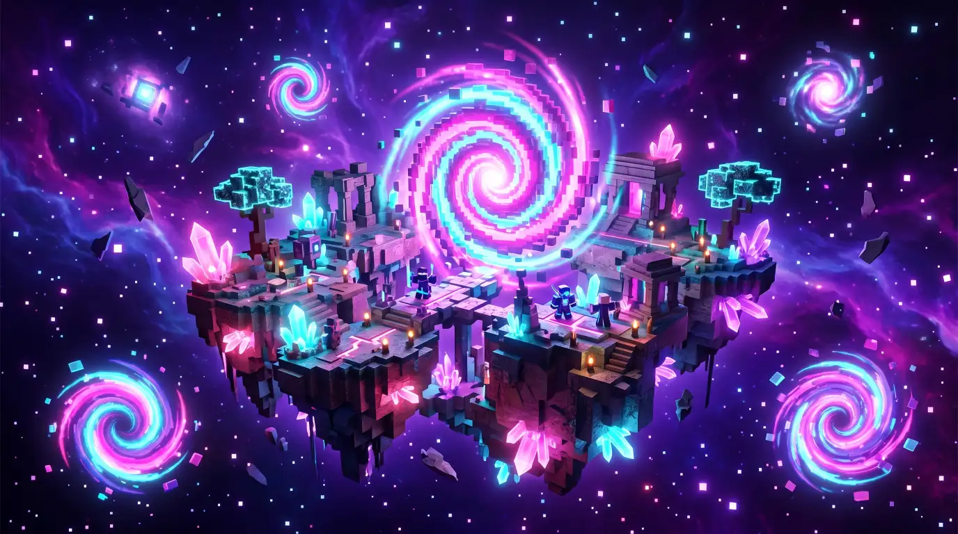 Interdimensionaal eiland in paarse nevel met portalen - The Void Prospecting Roblox