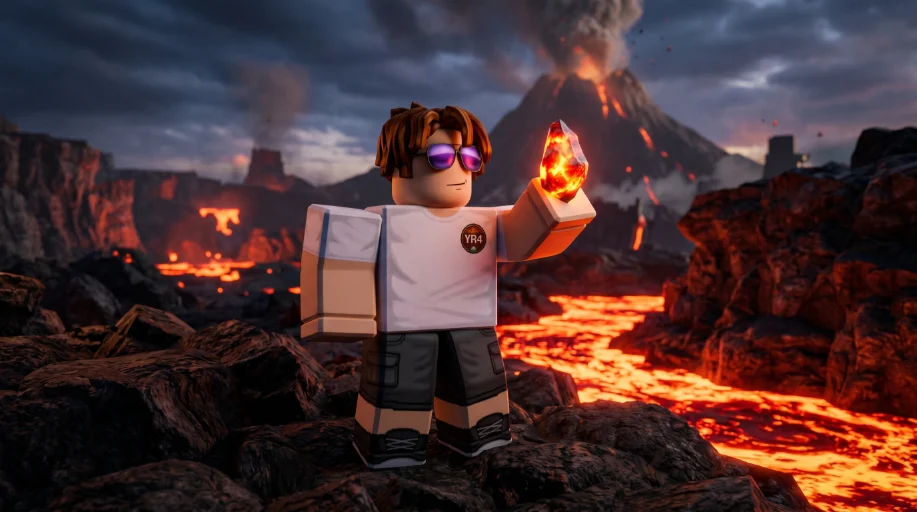 Roblox avatar holding glowing volcanic gemstone (fire opal) bij de Volcano
