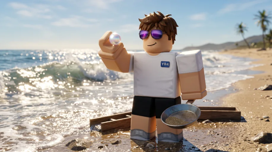 Roblox avatar holding pearl seashell on Windswept Beach shore - Prospecting find